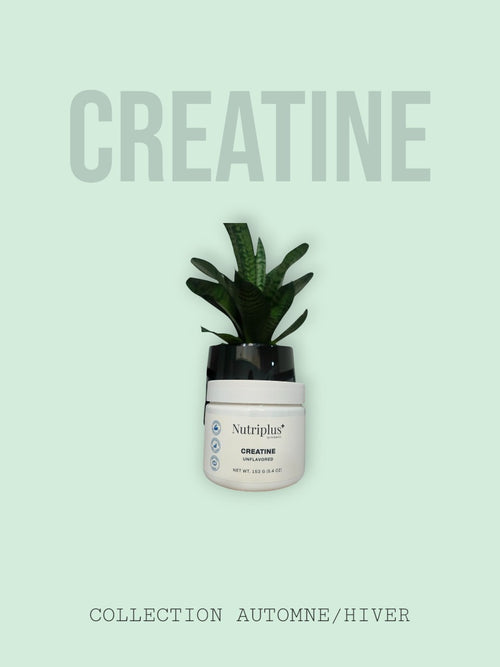 Bote de creatina monohidrato Nutriplus by Farmasi de Lilibeth Colmenarez Media junto a una planta decorativa